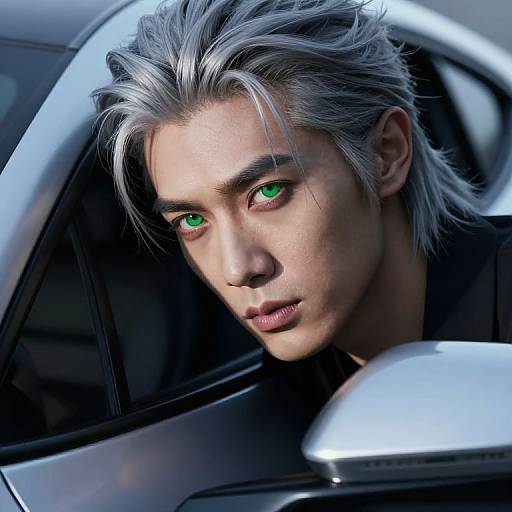 Digital artwork of a silver-haired, green-eyed man with pale skin, leaning inside a sleek, black car, looking intently forward.