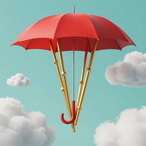 Photorealistic CGI of a bright red umbrella with golden handle and ribs floating in a clear blue sky with fluffy white clouds.