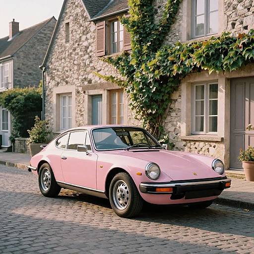 Photograph of a pink vintage Porsche 911 parked on a cobblestone street in front of a charming stone cottage with ivy.
