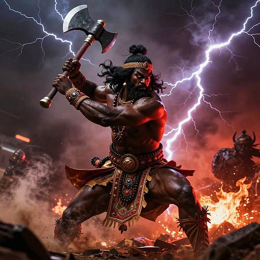 Digital artwork of a muscular, dark-skinned warrior with long black hair, wielding an axe, amidst lightning and fire, wearing ornate tribal armor.