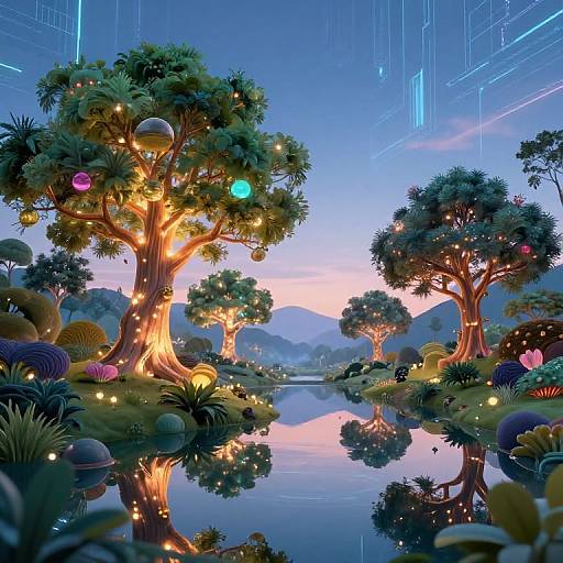 Digital artwork of a surreal, glowing forest with vibrant trees, colorful orbs, and illuminated foliage reflected in a serene lake, set against a twilight sky with