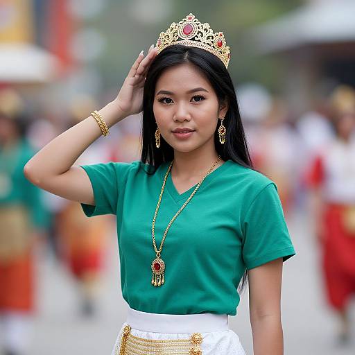 Photograph of an Asian woman with long black hair, wearing a gold tiara, green shirt, white skirt, gold jewelry, and earrings, standing