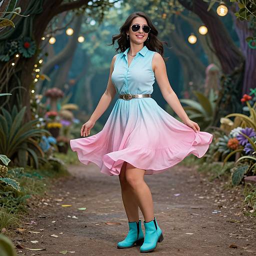 Photograph of a smiling woman in a light blue and pink dress, turquoise ankle boots, and sunglasses, twirling down a enchanted forest path adorned with