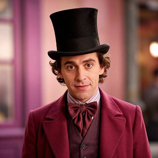 Photograph of a man with curly brown hair, wearing a black top hat, maroon jacket, red bow tie, and dark vest, smiling against