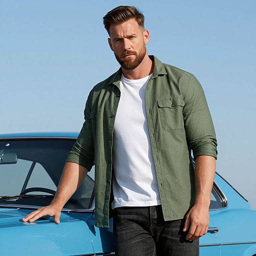 Photograph of a bearded man with short brown hair, wearing a green button-up shirt and white t-shirt, leaning on a blue vintage car against