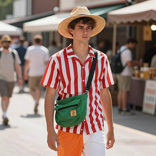 Young Man in Red and White Striped Shirt at Outdoor Market