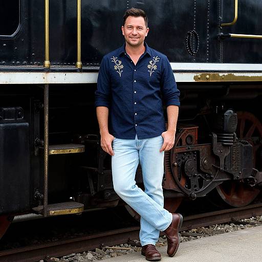 Photograph of a smiling man with short dark hair, wearing a navy button-up shirt with white floral embroidery, light blue jeans, and brown shoes,