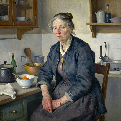 Old Woman in Kitchen Oil Painting