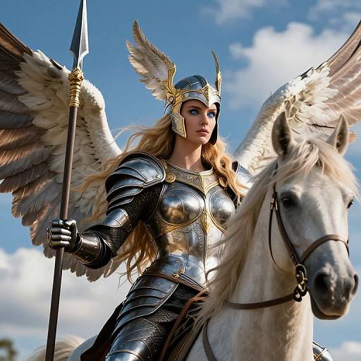 Digital art of a winged warrior woman in silver armor with golden accents, holding a spear, riding a white horse, against a bright blue sky.