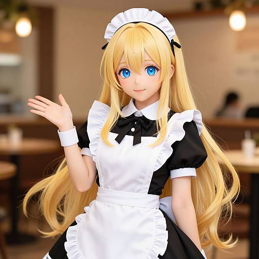 Digital anime-style drawing of a blonde girl with blue eyes, wearing a black and white maid outfit, waving in a warmly lit café.