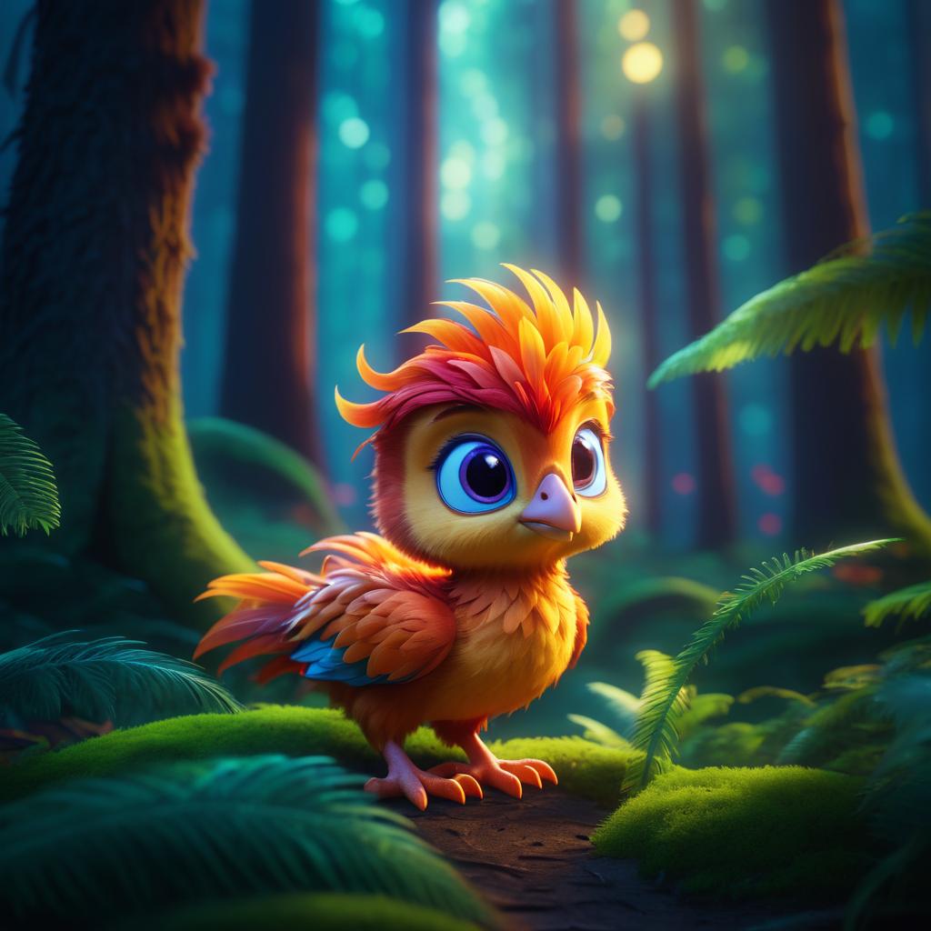 Vivid Pixar Baby Phoenix in Enchanted Forest