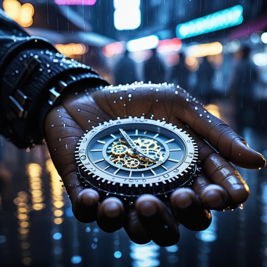 Cinematic Market Scene with Rain and Watch