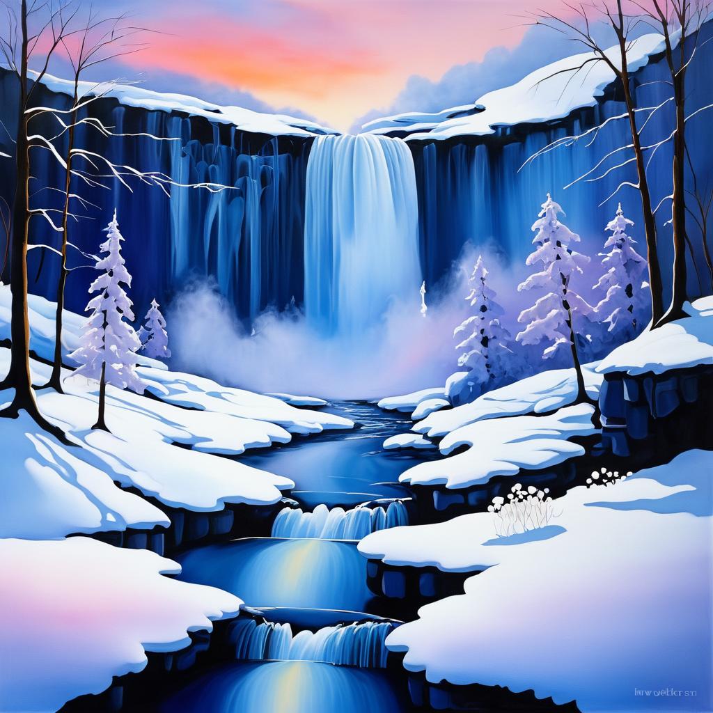 Whimsical Dusk Over a Snowy Waterfall