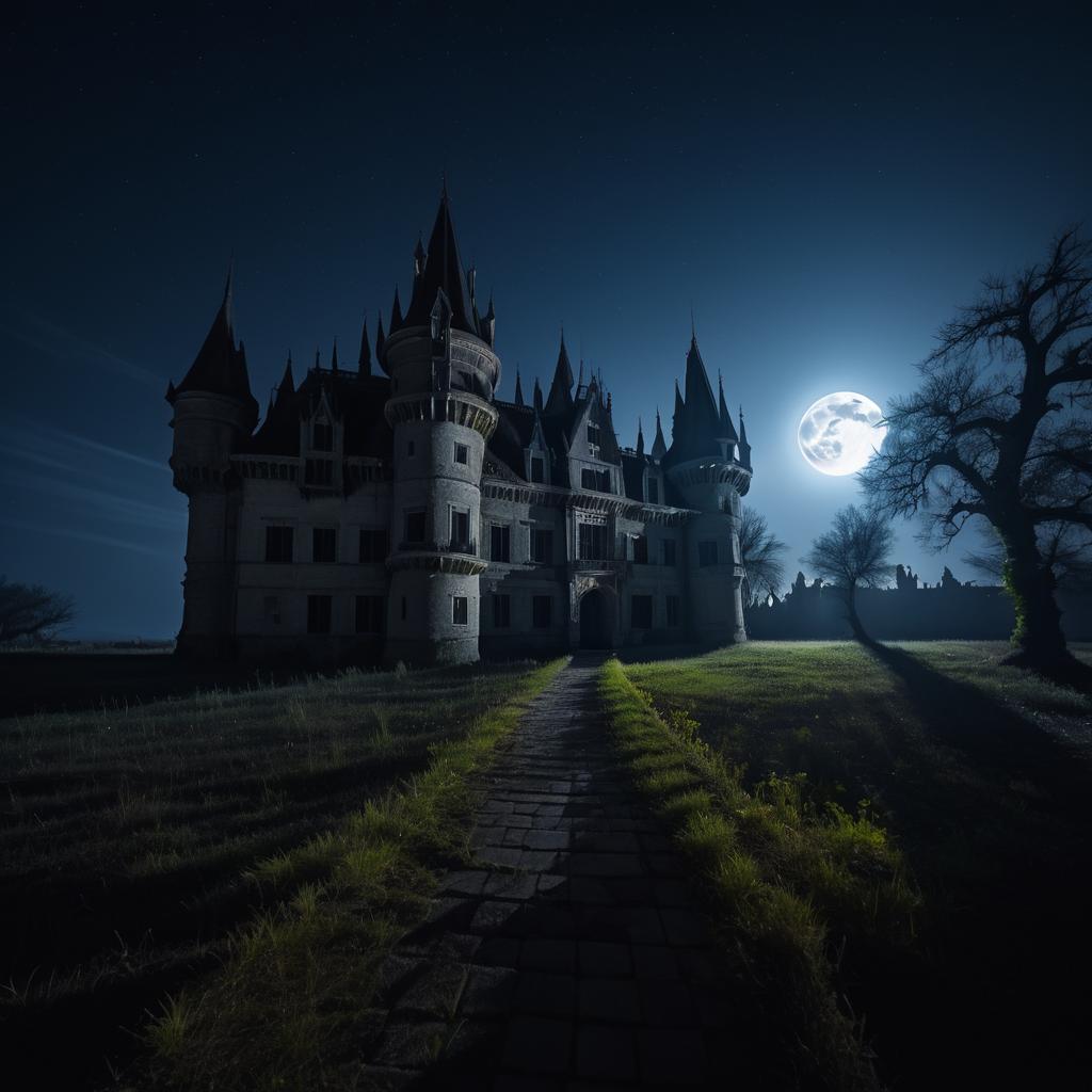 Eerie Moonlit Abandoned Castle Scene