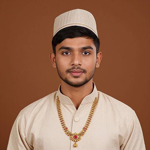 Photograph of a young South Asian man with short black hair, brown eyes, and light brown skin, wearing a white cap and traditional white kurta
