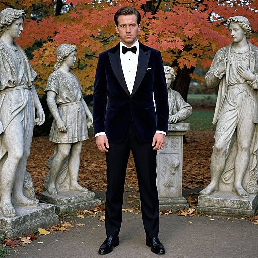 Photograph of a handsome man in a black tuxedo standing between four classical stone statues, with vibrant autumn foliage in the background.