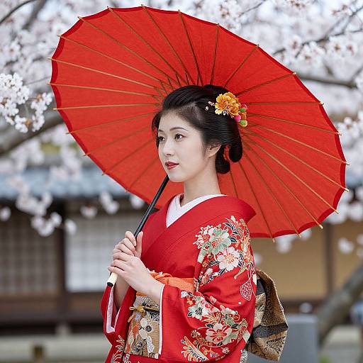 Photograph of a beautiful Japanese woman in a red floral kimono holding a vibrant red paper parasol, against a cherry blossom background.