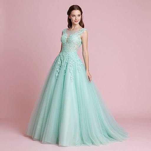 Photograph of a woman with fair skin and dark brown hair in a pastel blue, full-length, sleeveless ball gown with intricate lace detailing,