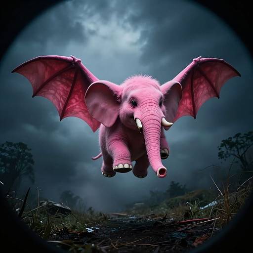 Digital illustration of a pink, bat-winged elephant with large ears and tusks, flying over a dark, foggy forest landscape.