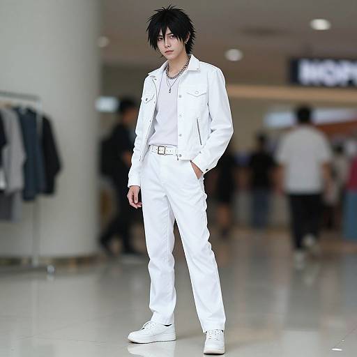 Photograph of a slim, Asian man with spiky black hair, wearing a white suit, white shirt, and white shoes, standing in a modern