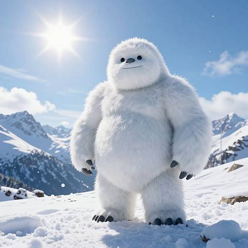 Photograph of a fluffy, white, anthropomorphic polar bear with black claws and eyes, standing in a bright, snowy mountain landscape under a clear blue