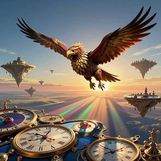 Whimsical Griffin in Surreal Celestial Landscape