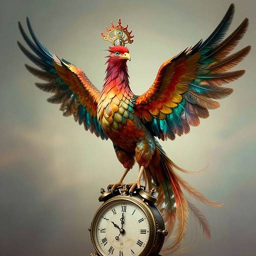 Digital artwork of a vibrant, multicolored phoenix with crowned head perched on a vintage clock, wings spread wide against a gradient background.