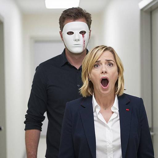 Suspenseful Hallway Encounter with Masks