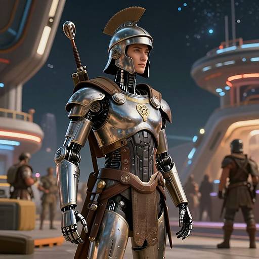 CGI image of a robotic Roman soldier with metallic armor, brown leather belt, and helmet, standing in a futuristic sci-fi cityscape.