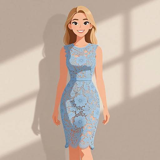 Digital illustration of a smiling blonde woman with fair skin wearing a sleeveless, light blue lace dress, standing in bright sunlight.