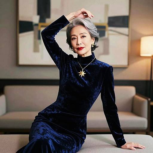 Photograph of an elegant Asian woman with short gray hair, wearing a velvet black dress, star necklace, and red lipstick, posing in a modern living