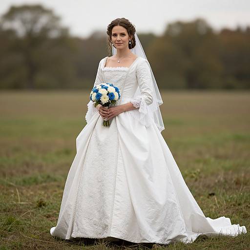 Photograph of a smiling bride in a white, lace-trimmed wedding dress and veil, holding a blue and white bouquet, standing in a grass