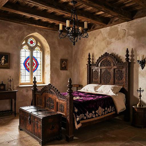 Photograph of a rustic, medieval-style bedroom with an intricately carved wooden bed, purple blanket, chandelier, arched stained-glass window,
