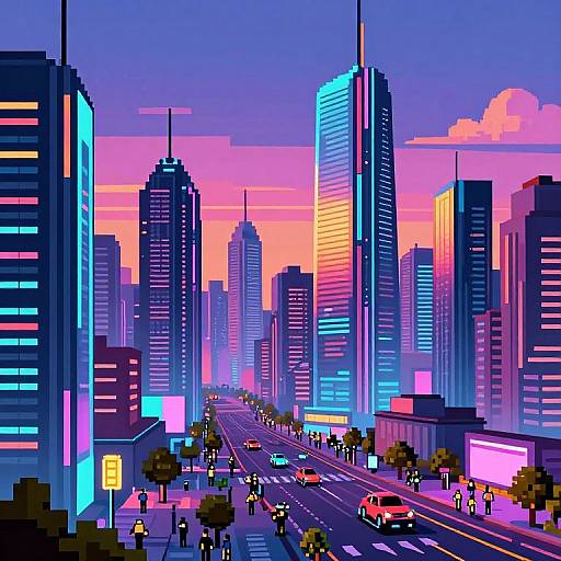 Vibrant digital artwork of a neon-lit cityscape at sunset, featuring colorful skyscrapers, bustling streets with cars, and pedestrians, in