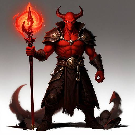 Digital illustration of a muscular, red-skinned demon with horns, holding a flaming staff, wearing dark armor and fur loincloth, standing against a