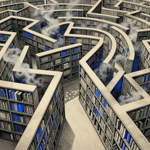 Digital illustration of a maze-like library with geometric, angular bookshelves filled with blue-bound books, topped with swirling white smoke.