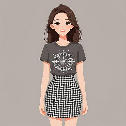 Digital anime-style drawing of a smiling young woman with long black hair, wearing a black graphic t-shirt and black-and-white houndstooth skirt,