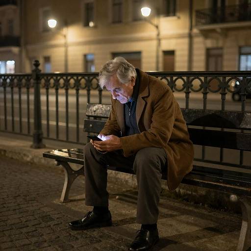 Elderly Man Using Phone on Nighttime Bench