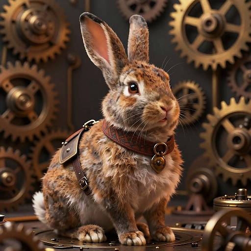 Photorealistic CGI of a brown and white rabbit with a brown leather harness, standing among intricate golden gears in a steampunk-style background.