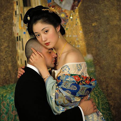 Photograph-style digital artwork of a Japanese couple; woman in ornate kimono, man in black suit, tenderly embracing, golden background.