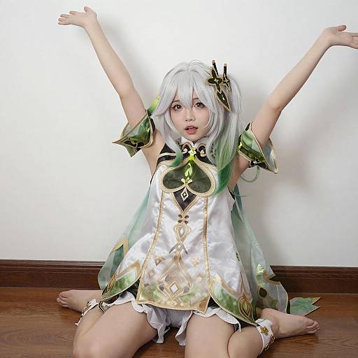 Fantasy Young Woman with White and Green Hair