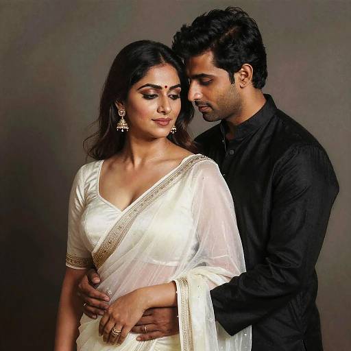 Photograph of an Indian couple: woman in white saree with gold trim, wearing large earrings, standing close to a man in black shirt, gently