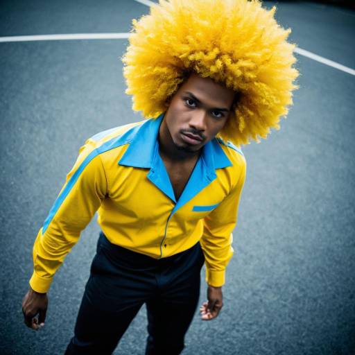 Cosplay with Bright Yellow Afro and Blue Shirt