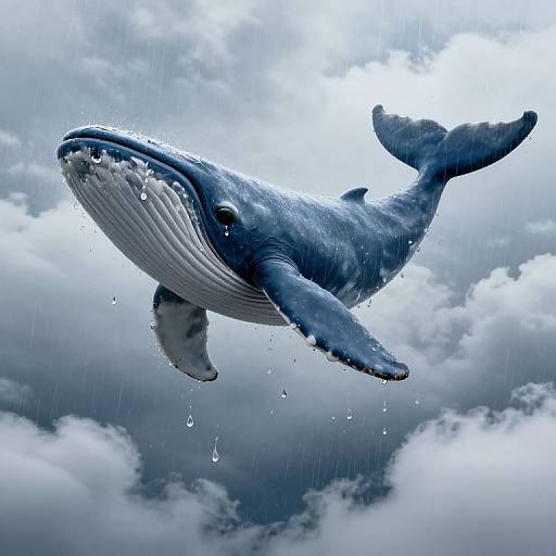 Photorealistic CGI of a massive, wet, blue-gray whale with detailed texture, soaring through a cloudy, rain-filled sky.