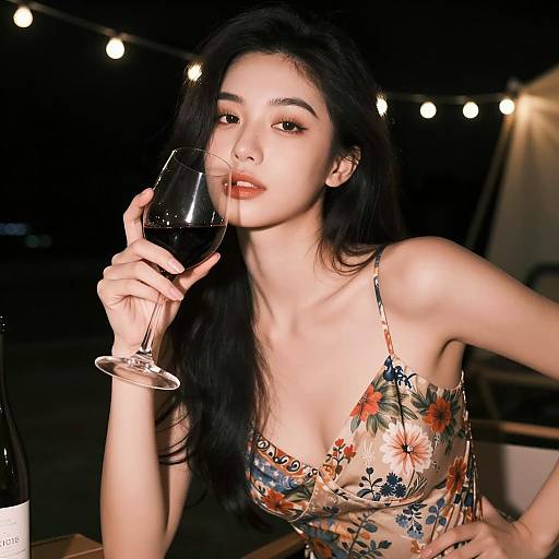 Young Woman Enjoying Red Wine at Night