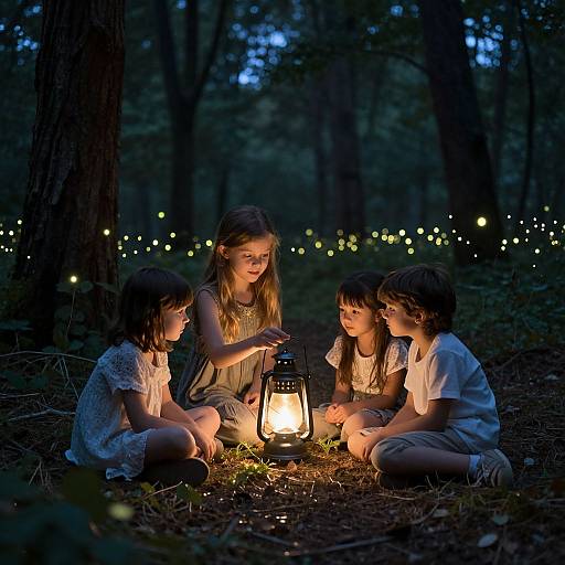 Four young girls sit around a glowing lantern in a dark, enchanted forest, surrounded by twinkling fireflies in a photograph.