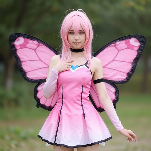 Photograph of a young woman with pink hair, pink butterfly wings, and a pink-white dress, standing in a blurred green outdoor setting.