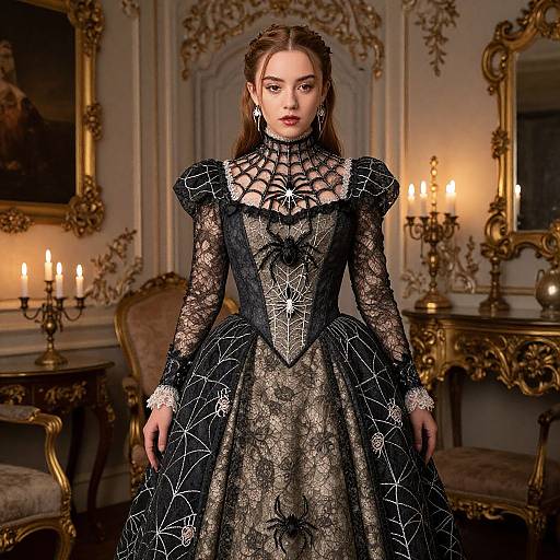 Photograph of a pale-skinned woman in an ornate, black lace Victorian gown with spiderweb patterns, standing in an opulent, gold-de