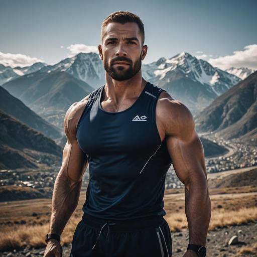 Muscular Athlete Portrait with Mountain Background