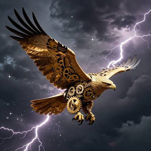 Digital art of a golden eagle with mechanical gears, soaring amidst a stormy sky with vivid purple lightning bolts.